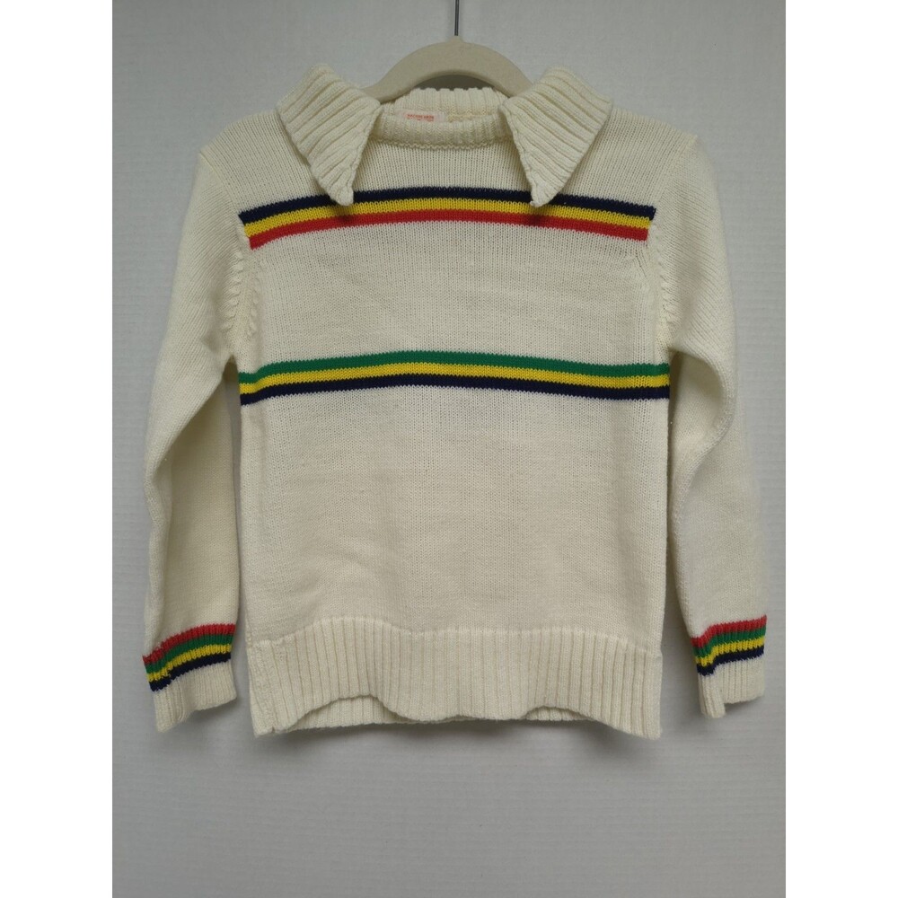 Vtg 80s Youth Park 6X Cream Knit Pullover Sweater Horizontal Colored Stripes